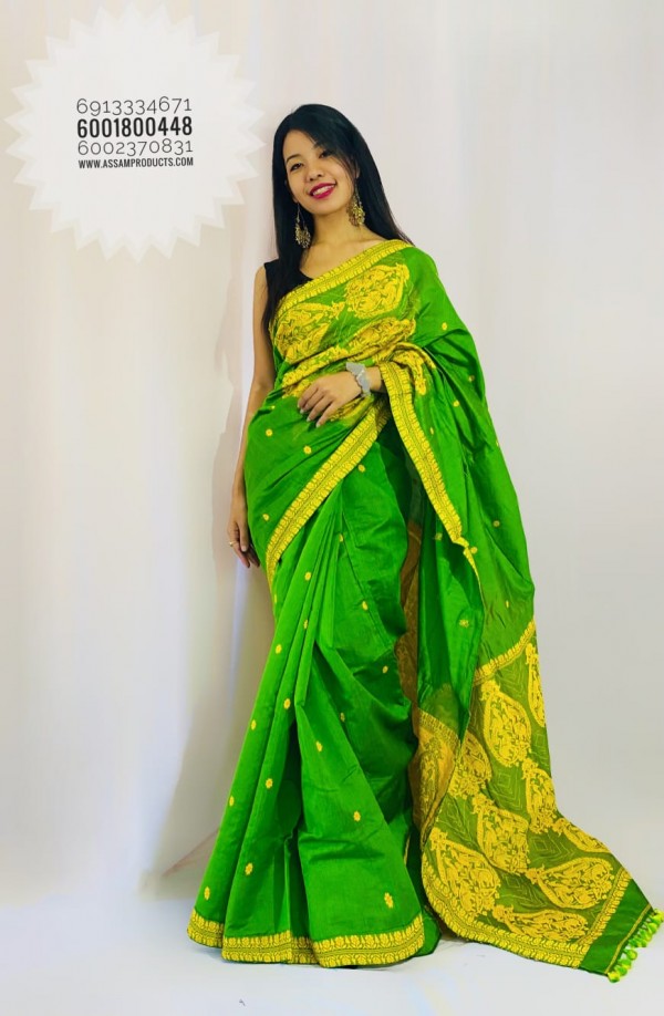 #HANDLOOM STAPLE COTTON KINGKHAP MOTIF SAREE WITH BLOUSE MATERIAL/0001004T001