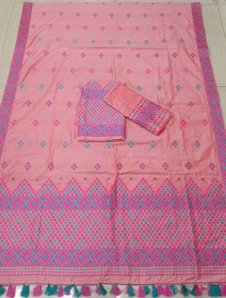 Ready To Wear Mishing Designed AC Cotton Mekhela Sador With Blouse Material / 0034001B001