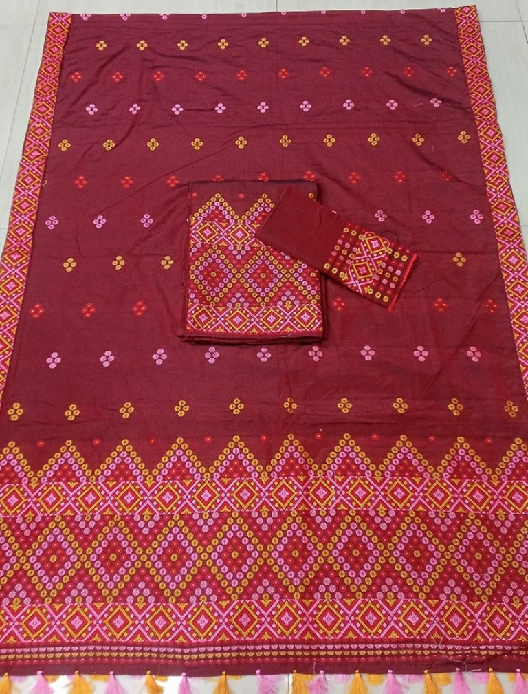 Ready To Wear Mishing Designed AC Cotton Mekhela Sador With Blouse Material / 0034001B001