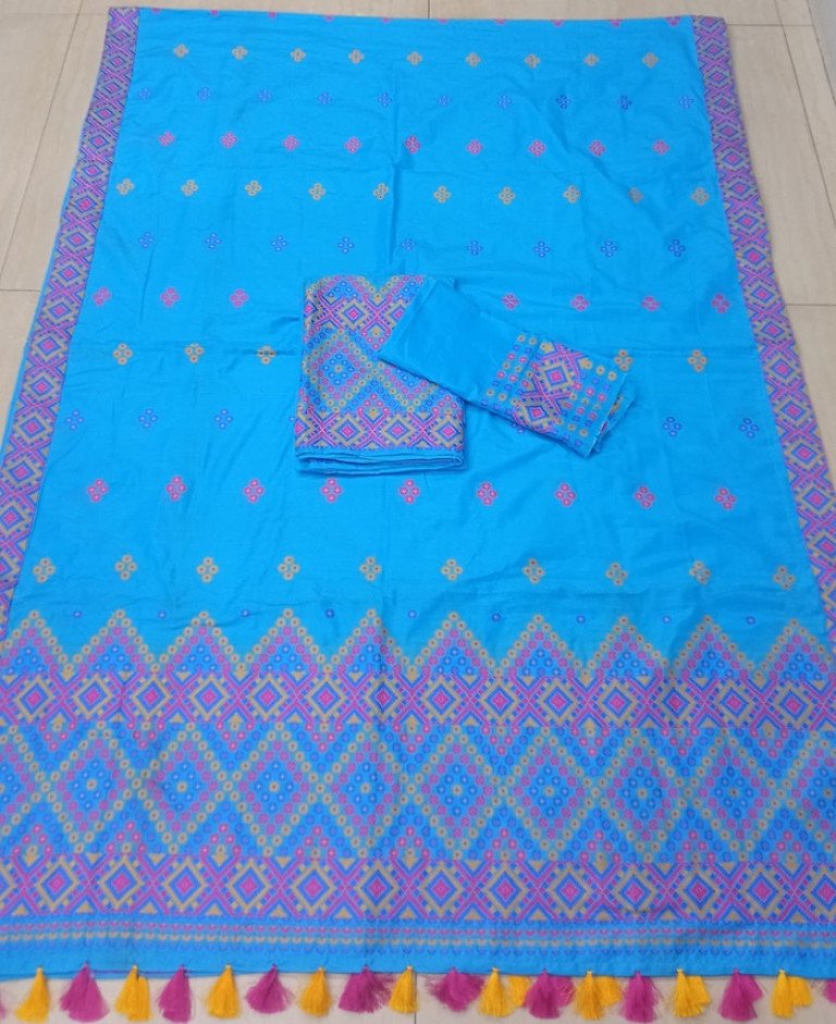 Ready To Wear Mishing Designed AC Cotton Mekhela Sador With Blouse Material / 0034001B001