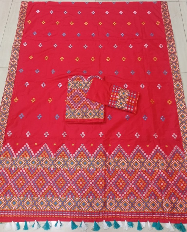 Ready To Wear Mishing Designed AC Cotton Mekhela Sador With Blouse Material / 0034001B001