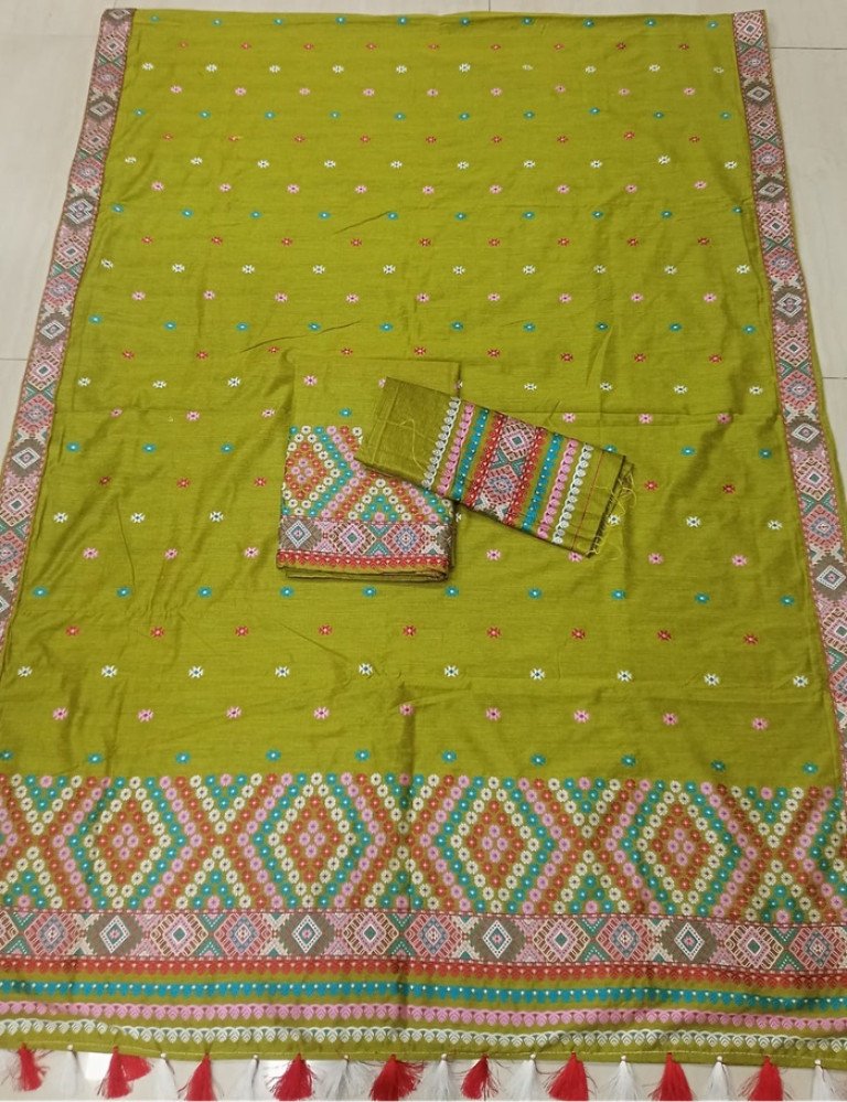 Ready To Wear Mishing Designed AC Cotton Mekhela Sador With Blouse Material / 0034001B001