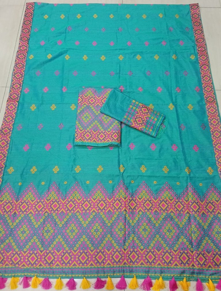 Ready To Wear Mishing Designed AC Cotton Mekhela Sador With Blouse Material / 0034001B001