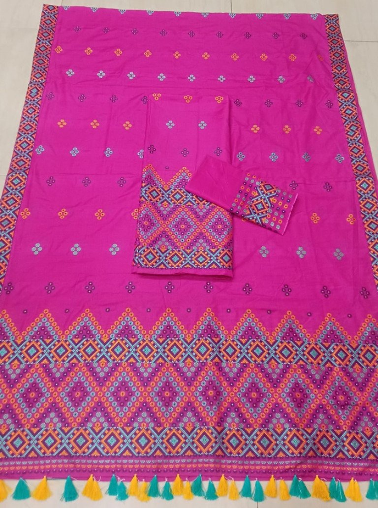 Ready To Wear Mishing Designed AC Cotton Mekhela Sador With Blouse Material / 0034001B001