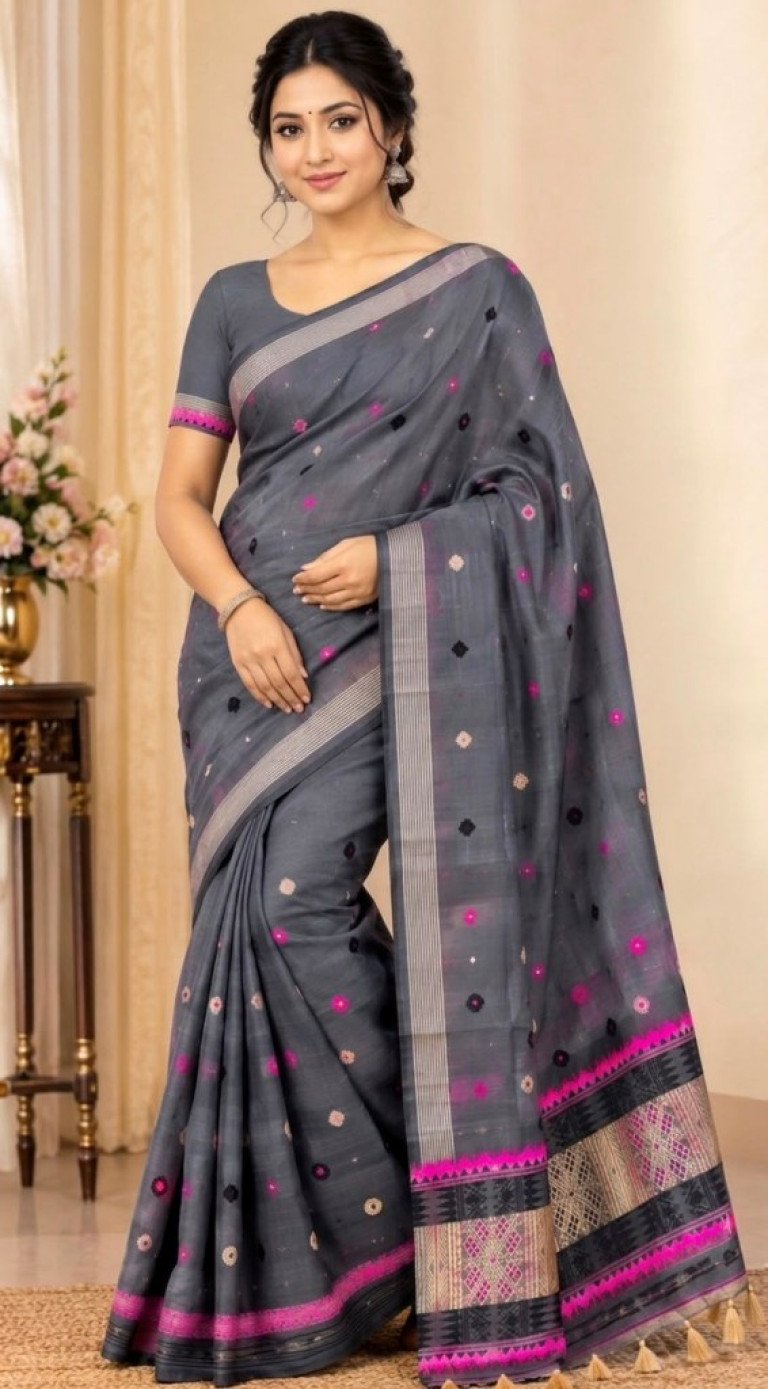 Handloom Pure Kecha Paat Cotton Saree with Blouse Material / বোৱা কেঁচা পাট কটন শাৰী ব্লাউজৰ কাপোৰৰ সৈতে / 03710002001