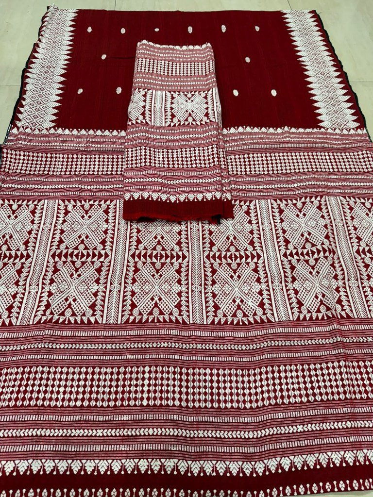 Handloom Padmini Cotton Heavy Fixed Border Mekhela Sador with Blouse Material/ 03650003001